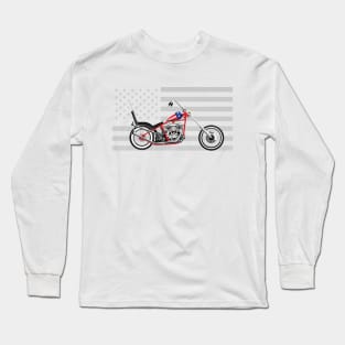 Illustrated American Chopper Motorcycle Low Rider with Grey American Flag as Background Long Sleeve T-Shirt